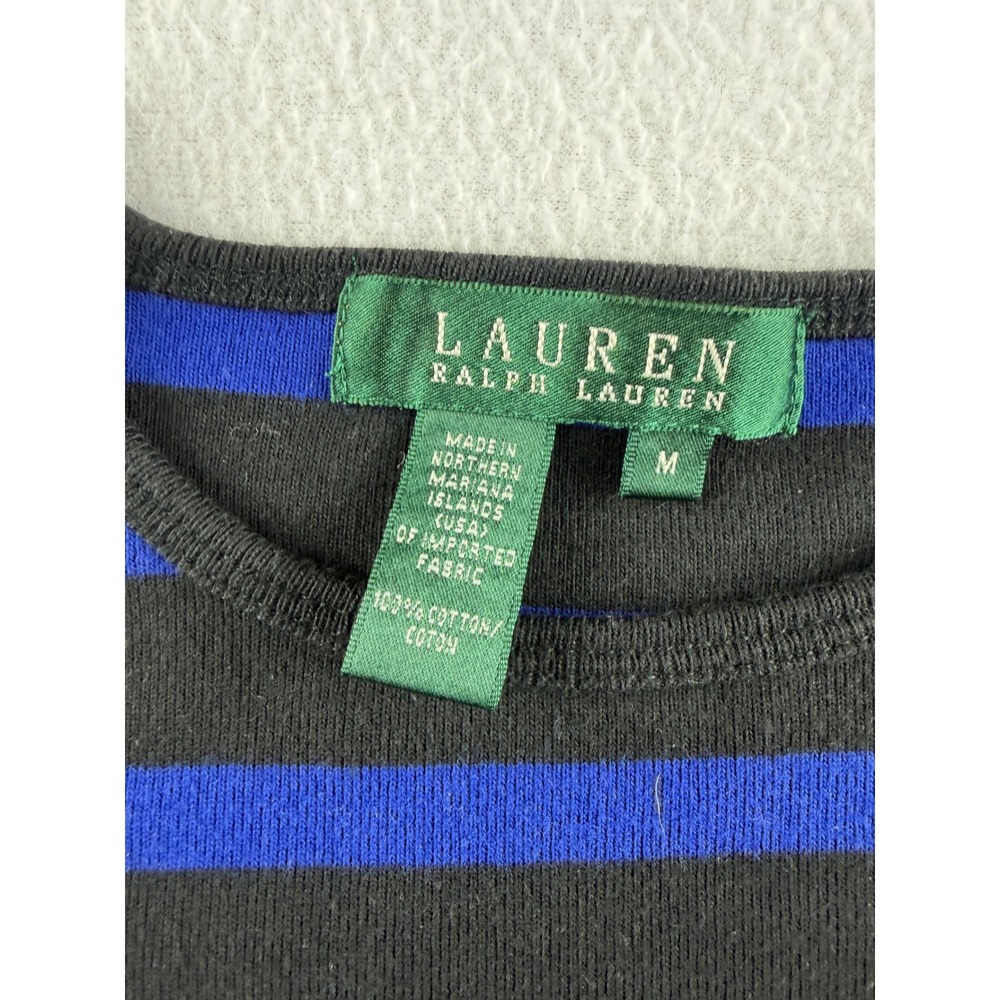 Lauren Ralph Lauren Womens Striped Long Sleeve Top Blue Black Logo Pocket M - Picture 3 of 6